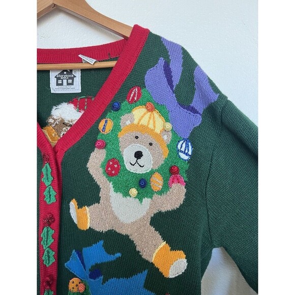 Storybook Knit VTG 3D Teddy Bear Christmas Knit Cardigan Novelty Sweater Grandma - Picture 2 of 11